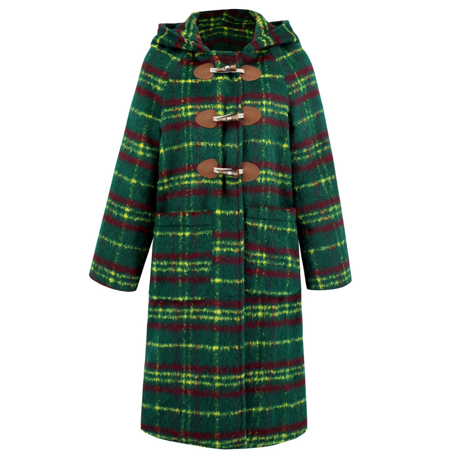 Plaid Long Sleeve Hooded Coat with Pockets Apparel and Accessories