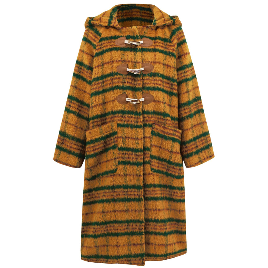 Plaid Long Sleeve Hooded Coat with Pockets Apparel and Accessories