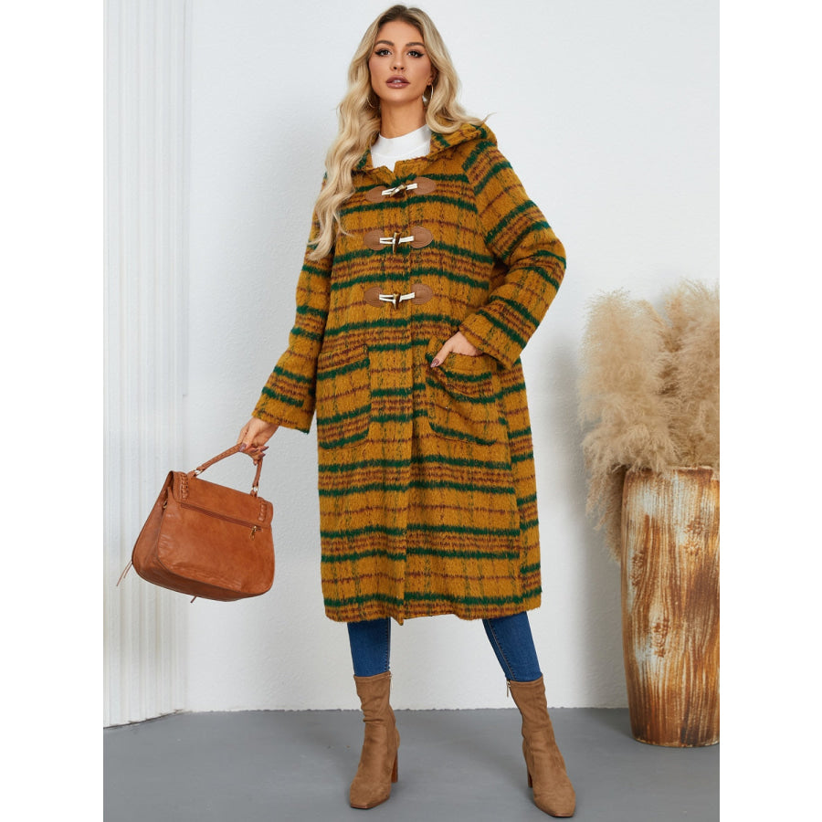 Plaid Long Sleeve Hooded Coat with Pockets Apparel and Accessories