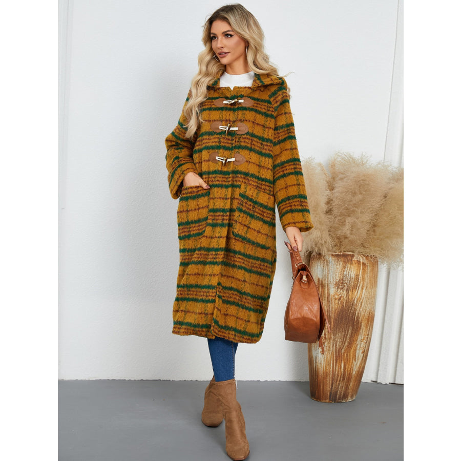 Plaid Long Sleeve Hooded Coat with Pockets Apparel and Accessories