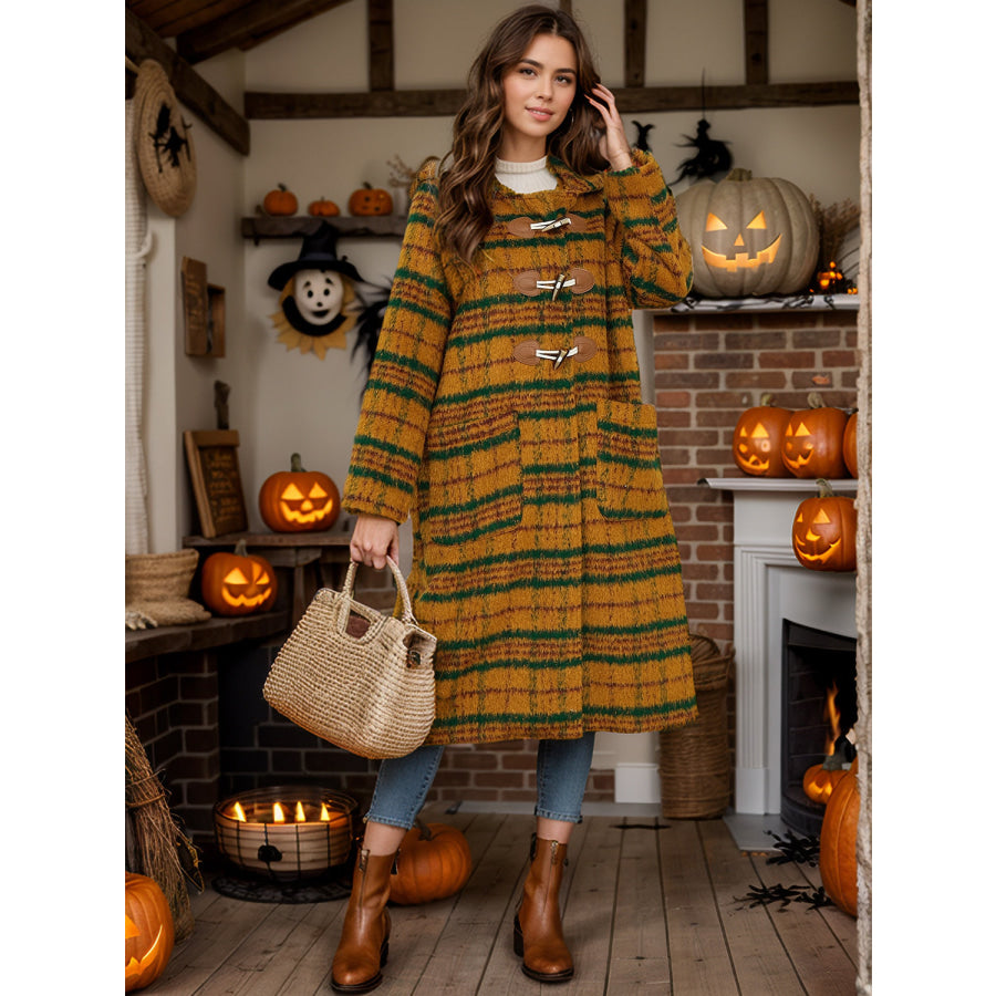 Plaid Long Sleeve Hooded Coat with Pockets Mustard / S Apparel and Accessories