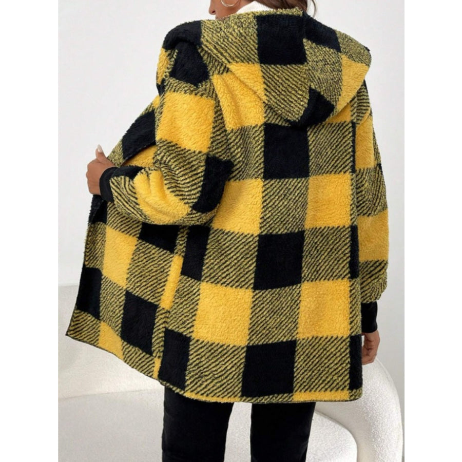 Plaid Long Sleeve Hooded Coat Yellow / S Apparel and Accessories