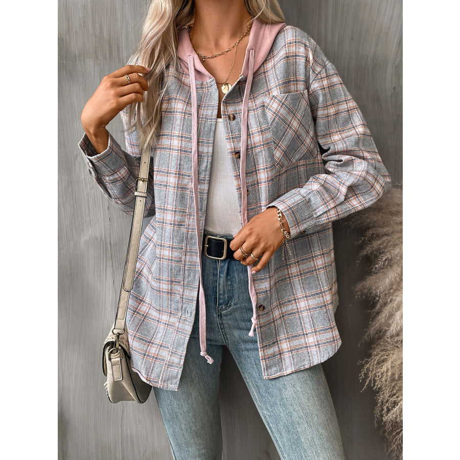 Plaid Long Sleeve Hooded Jacket Apparel and Accessories