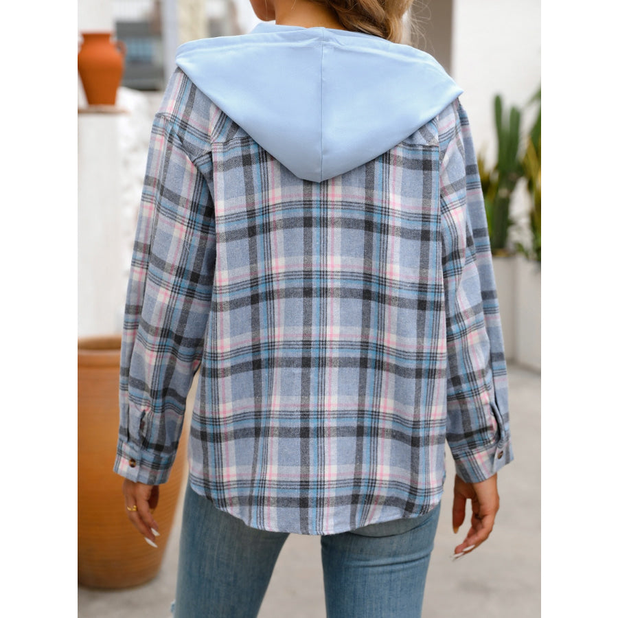 Plaid Long Sleeve Hooded Jacket Apparel and Accessories