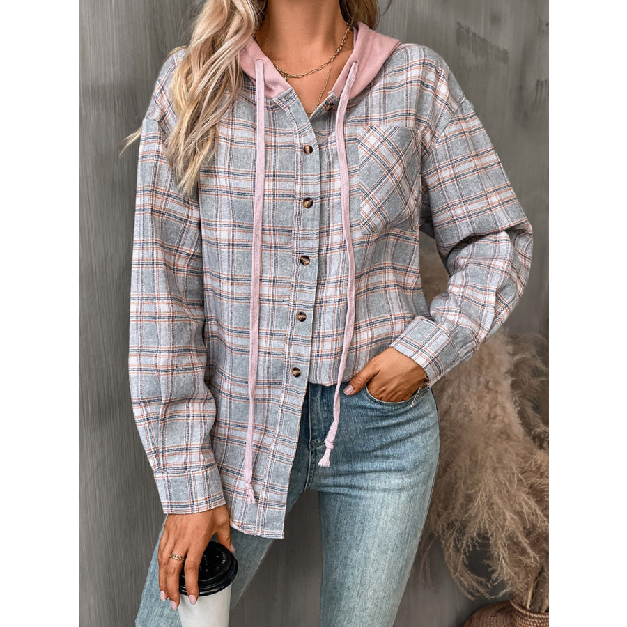 Plaid Long Sleeve Hooded Jacket Apparel and Accessories