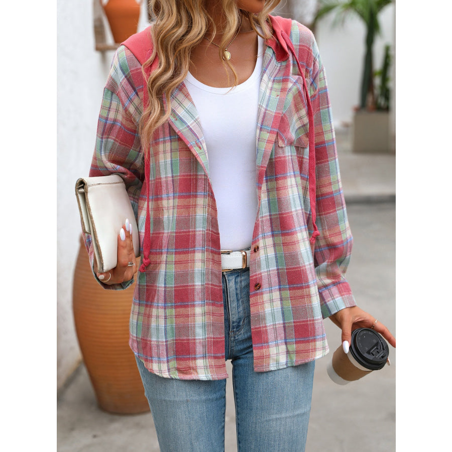 Plaid Long Sleeve Hooded Jacket Apparel and Accessories