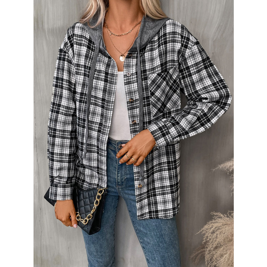 Plaid Long Sleeve Hooded Jacket Black / S Apparel and Accessories