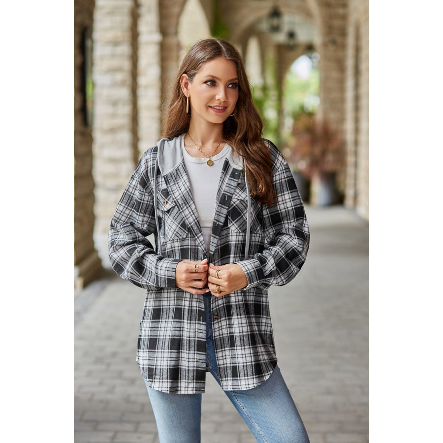 Plaid Long Sleeve Hooded Jacket Charcoal / S