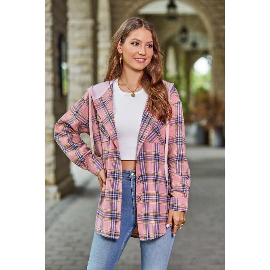 Plaid Long Sleeve Hooded Jacket Dusty Pink / S