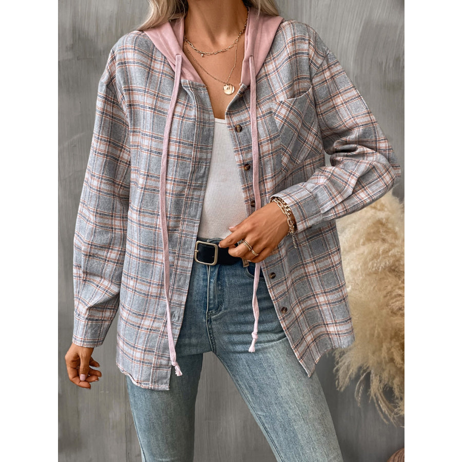 Plaid Long Sleeve Hooded Jacket Gray / S Apparel and Accessories