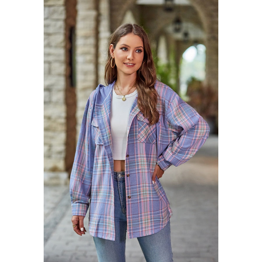 Plaid Long Sleeve Hooded Jacket Lavender / S