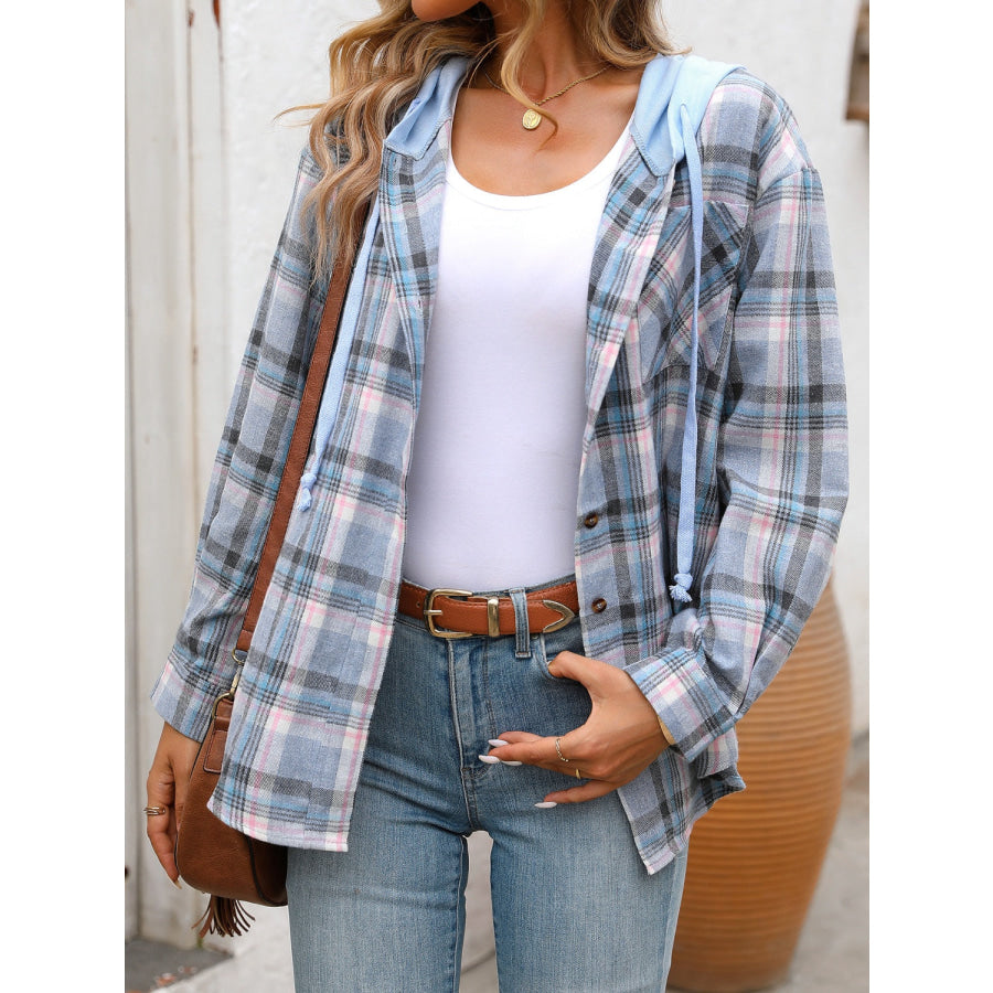 Plaid Long Sleeve Hooded Jacket Light Blue / S Apparel and Accessories