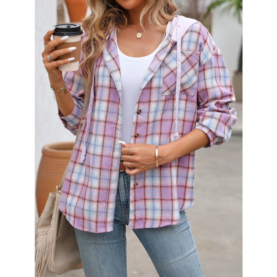 Plaid Long Sleeve Hooded Jacket Lilac / S Apparel and Accessories