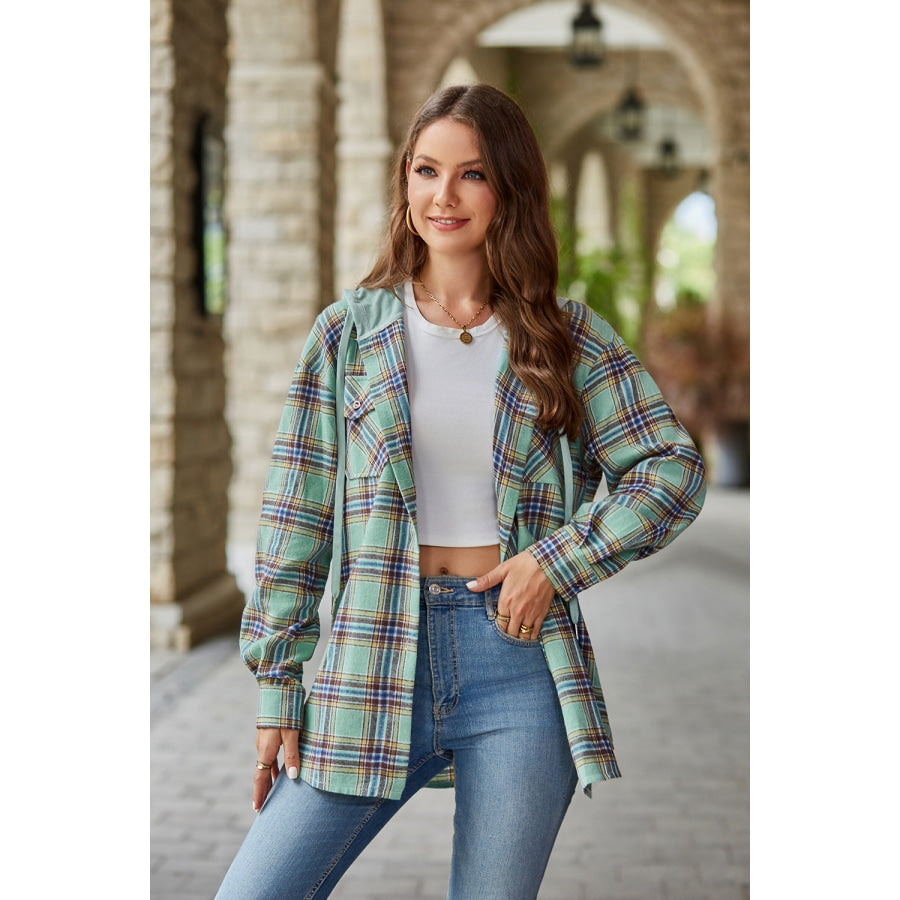 Plaid Long Sleeve Hooded Jacket Matcha Green / S