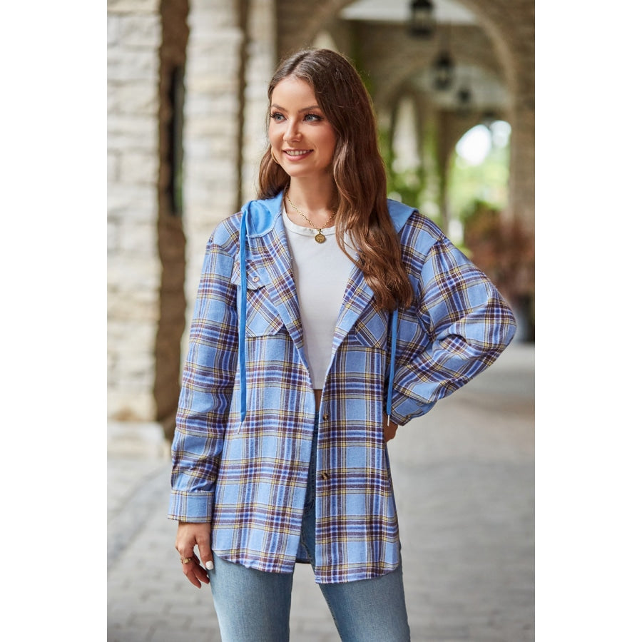 Plaid Long Sleeve Hooded Jacket Pastel Blue / S