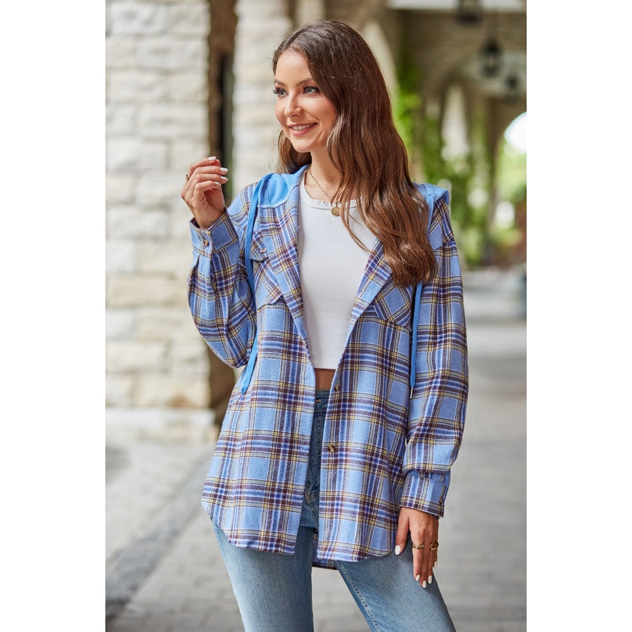 Plaid Long Sleeve Hooded Jacket