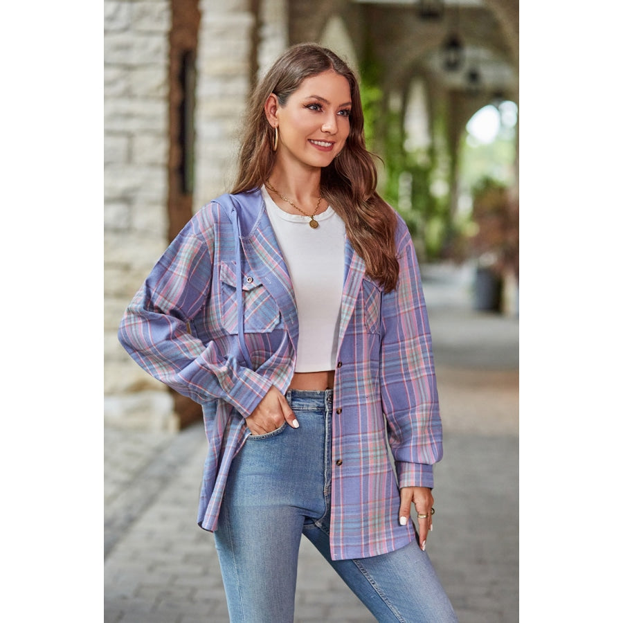 Plaid Long Sleeve Hooded Jacket