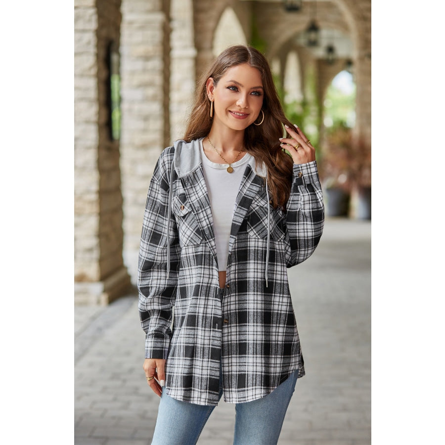 Plaid Long Sleeve Hooded Jacket