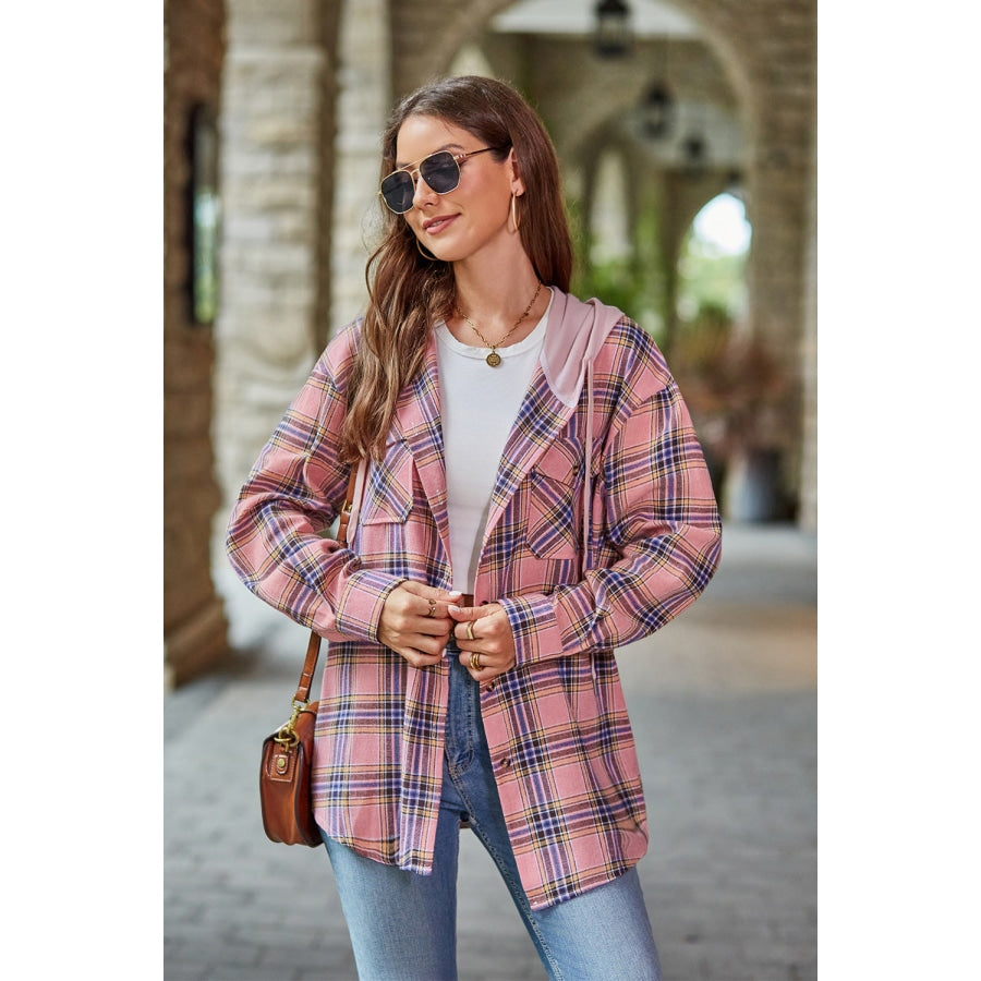 Plaid Long Sleeve Hooded Jacket