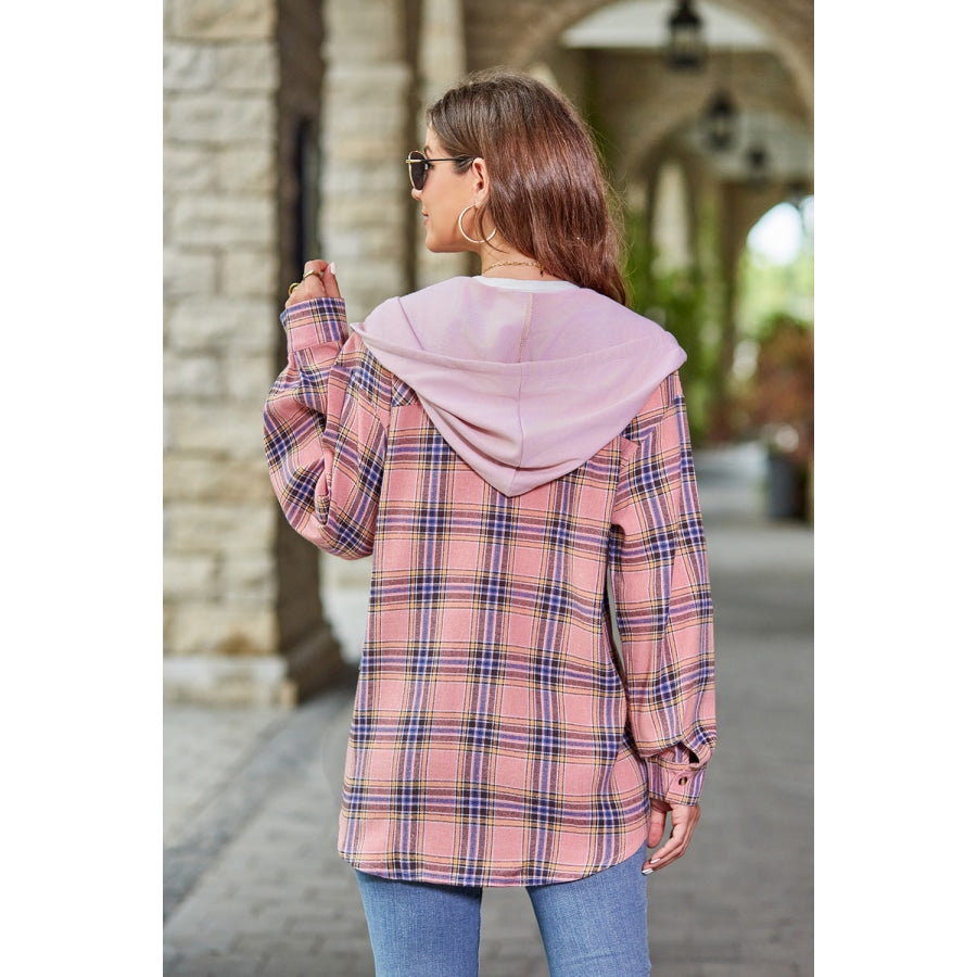 Plaid Long Sleeve Hooded Jacket Dusty Pink / S