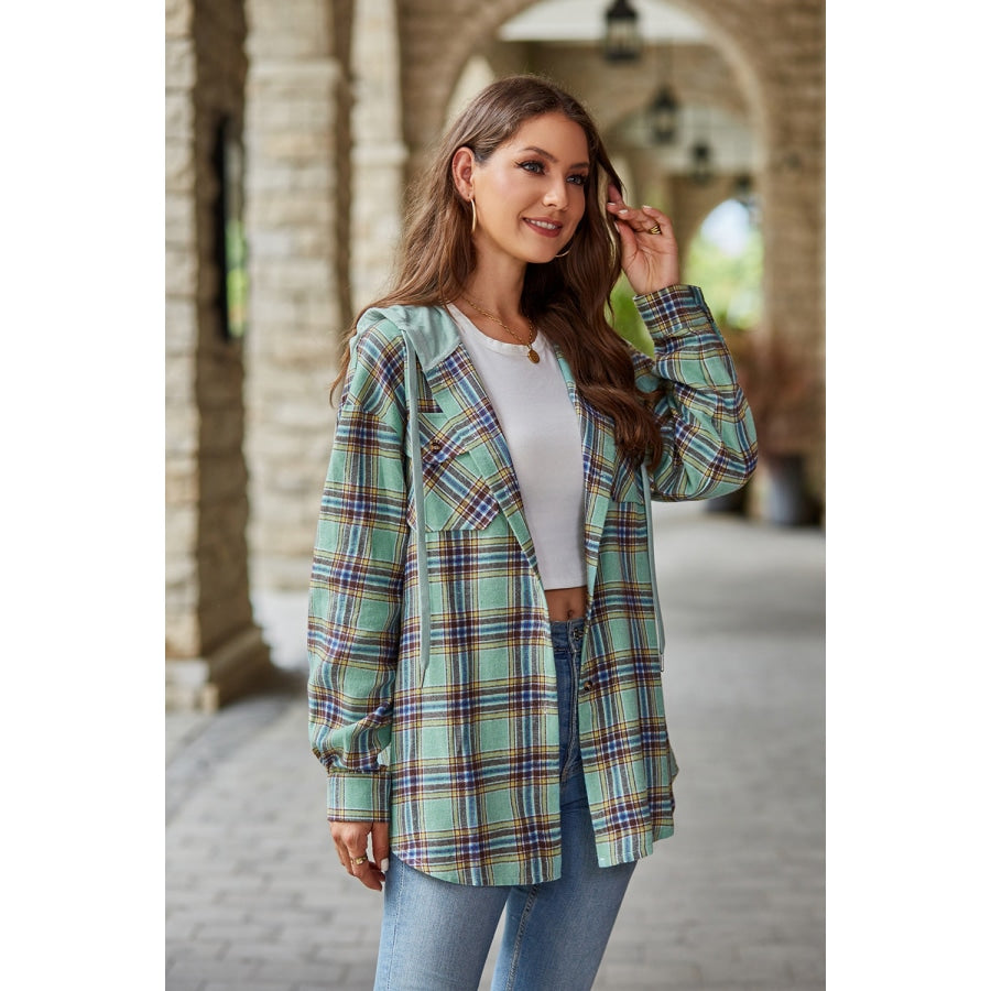 Plaid Long Sleeve Hooded Jacket