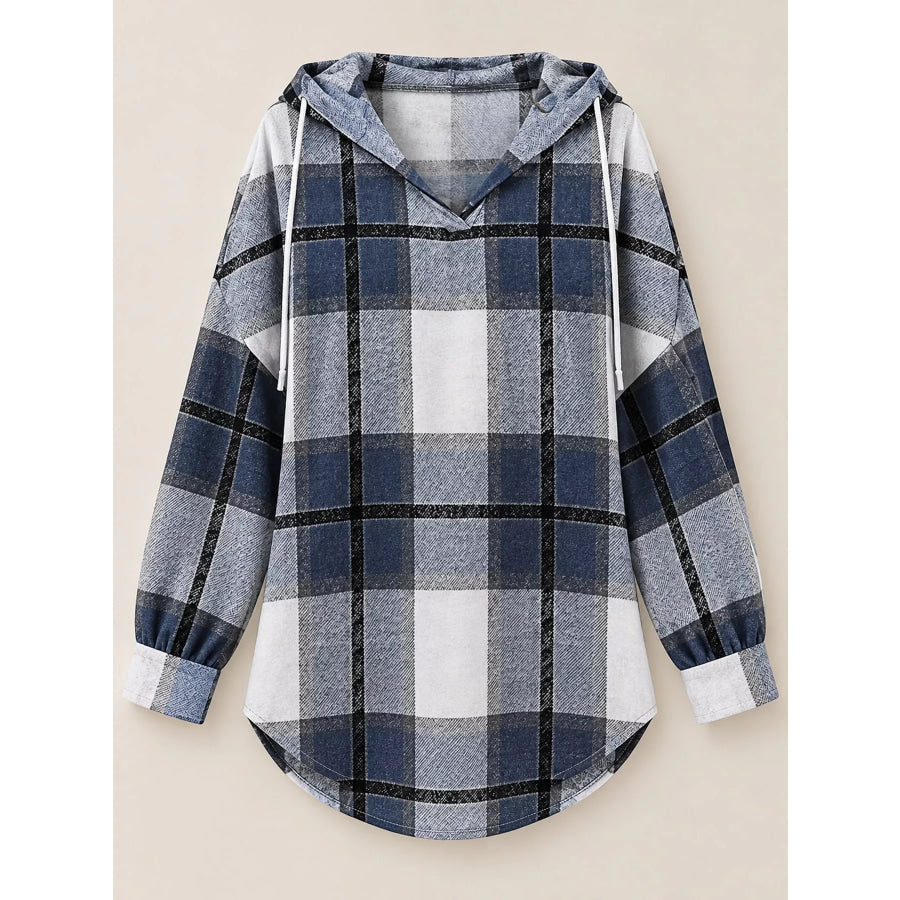 Plaid Long Sleeve Hoodie with Drawstring Apparel and Accessories