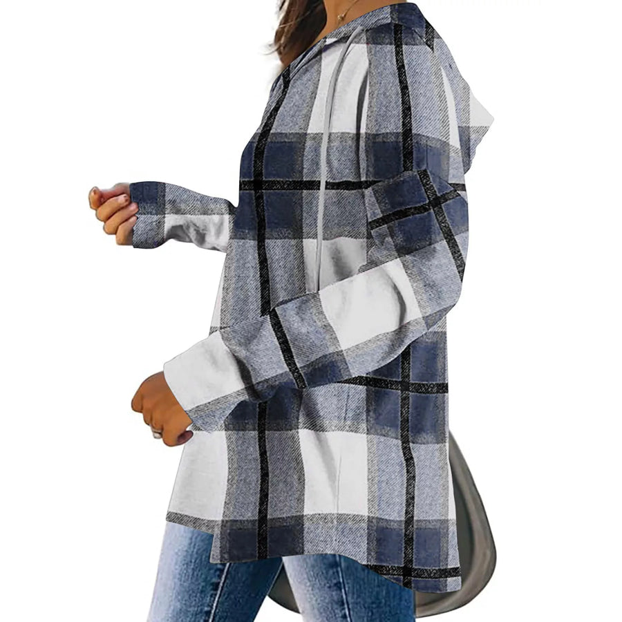 Plaid Long Sleeve Hoodie with Drawstring Navy / S Apparel and Accessories