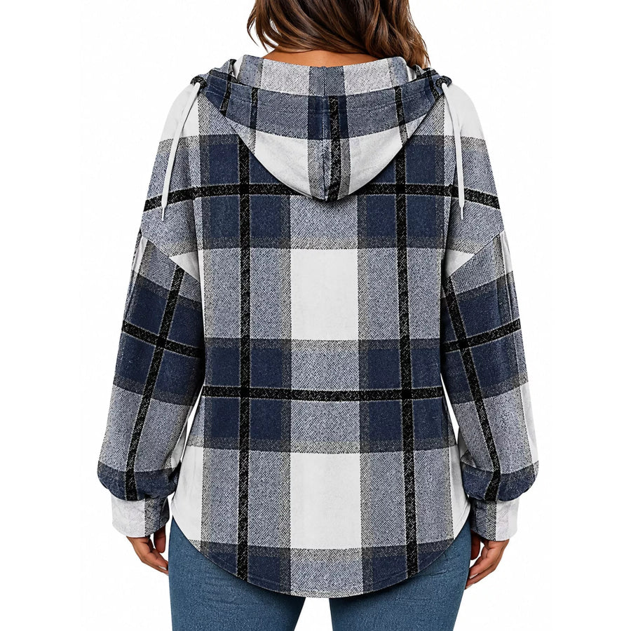 Plaid Long Sleeve Hoodie with Drawstring Apparel and Accessories