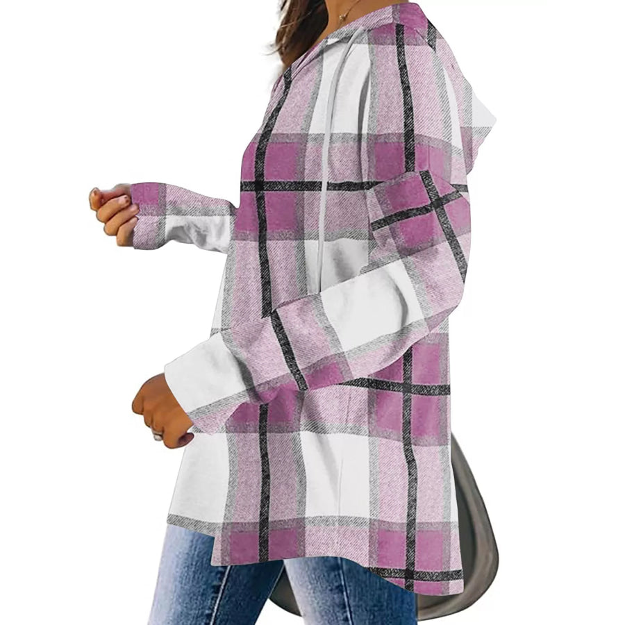 Plaid Long Sleeve Hoodie with Drawstring Apparel and Accessories