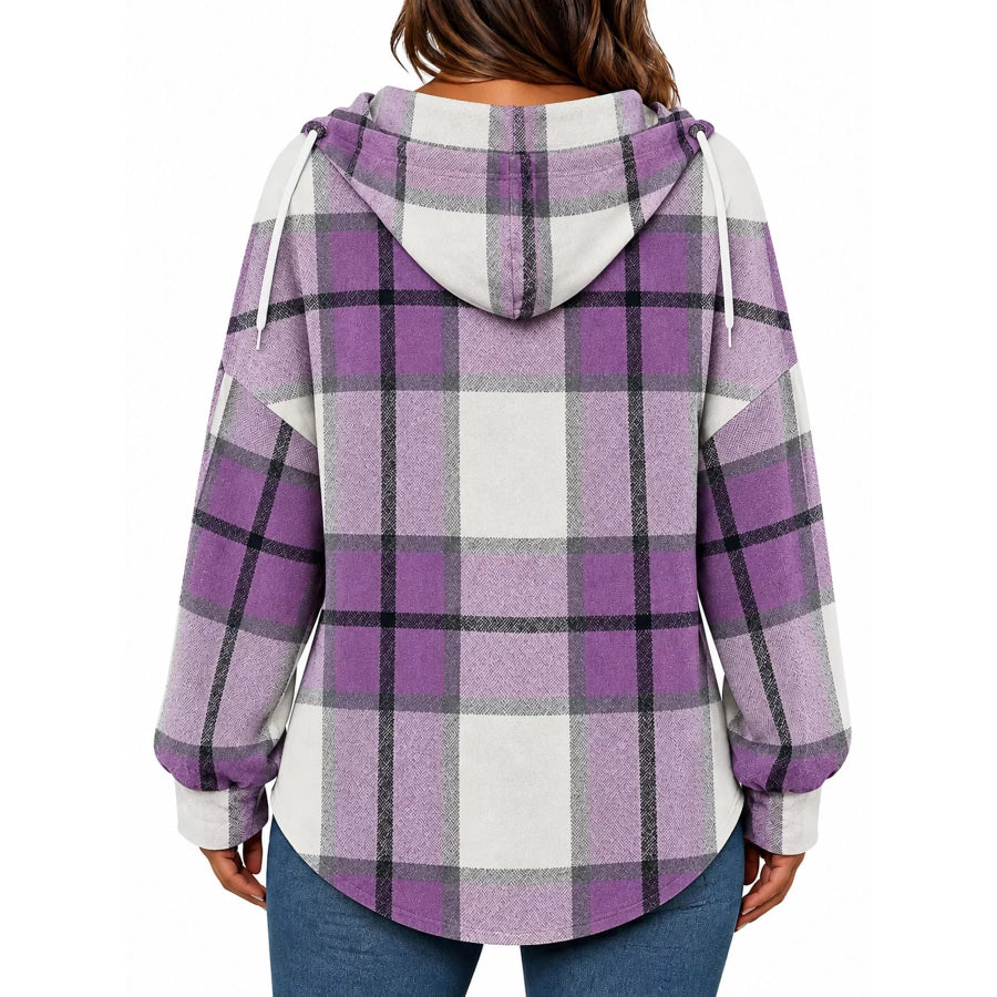 Plaid Long Sleeve Hoodie with Drawstring Apparel and Accessories