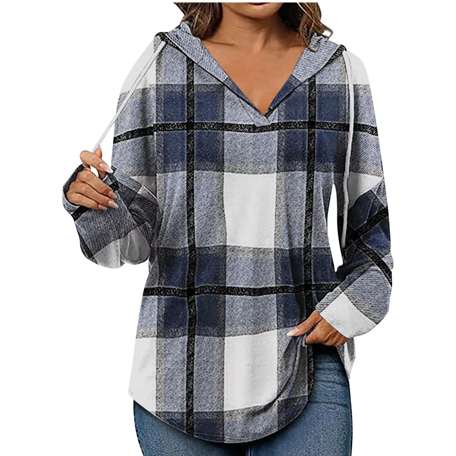 Plaid Long Sleeve Hoodie with Drawstring Navy / S Apparel and Accessories