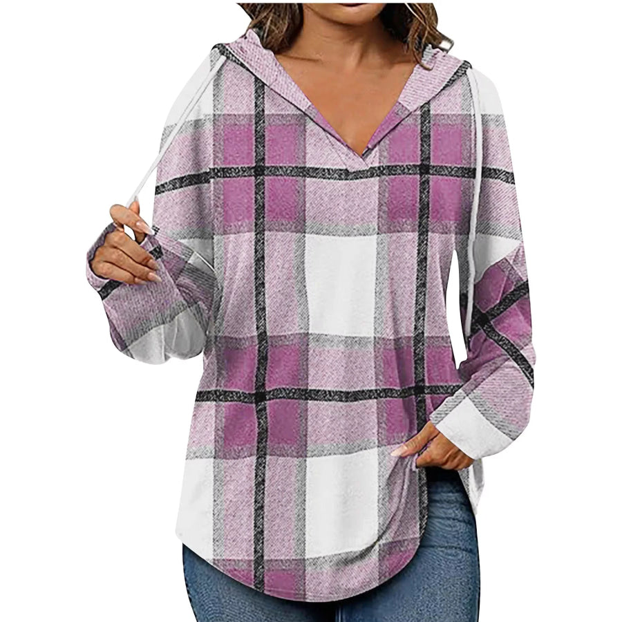 Plaid Long Sleeve Hoodie with Drawstring Pink / S Apparel and Accessories