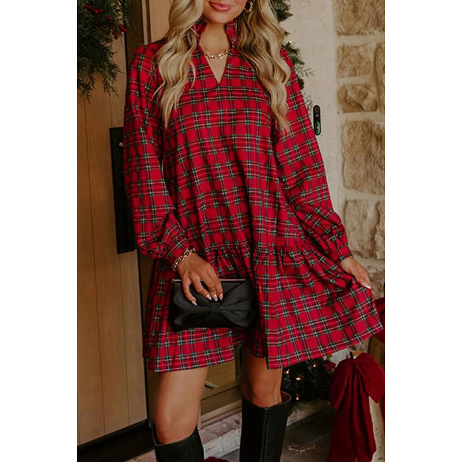 Plaid Long Sleeve Mini Shift Silhouette Decoration Dress Apparel and Accessories