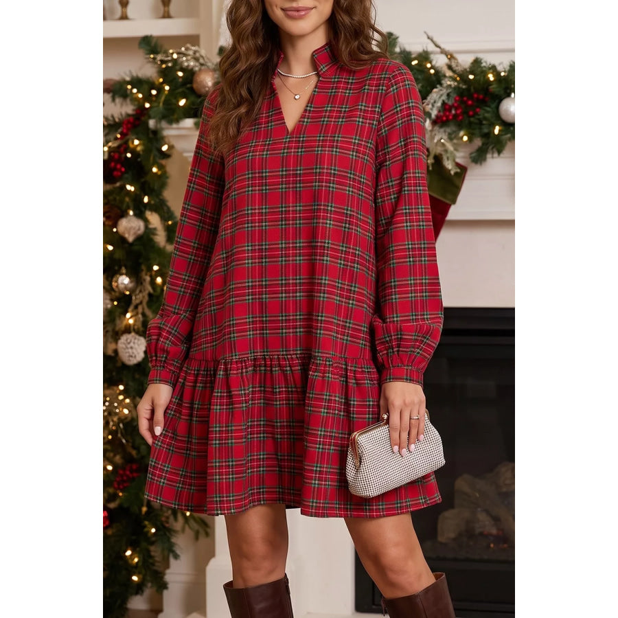 Plaid Long Sleeve Mini Shift Silhouette Decoration Dress Rust / S Apparel and Accessories
