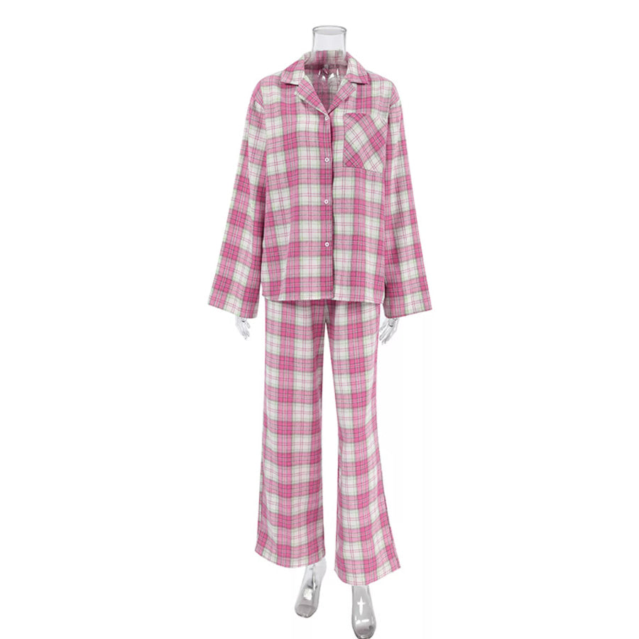 Plaid Long Sleeve Shirt and Pants Set Apparel and Accessories