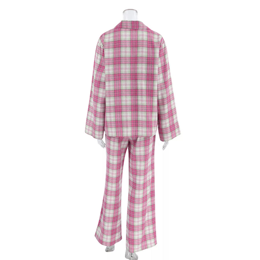 Plaid Long Sleeve Shirt and Pants Set Apparel and Accessories