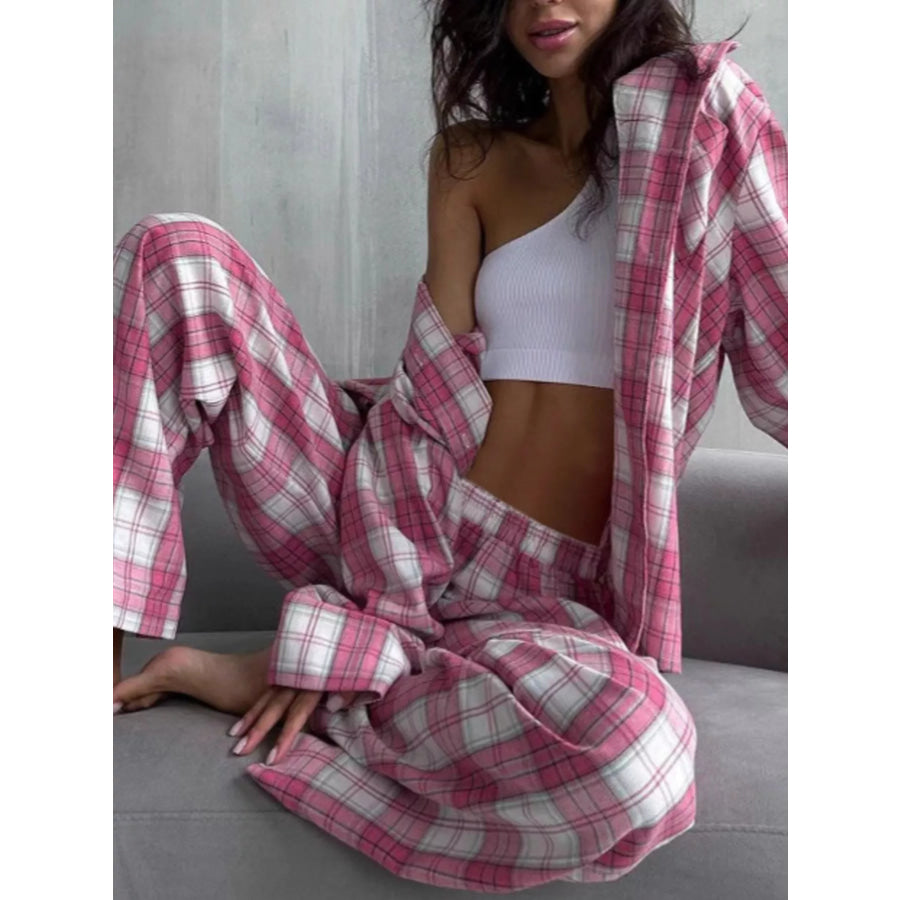 Plaid Long Sleeve Shirt and Pants Set Dusty Pink / S Apparel and Accessories
