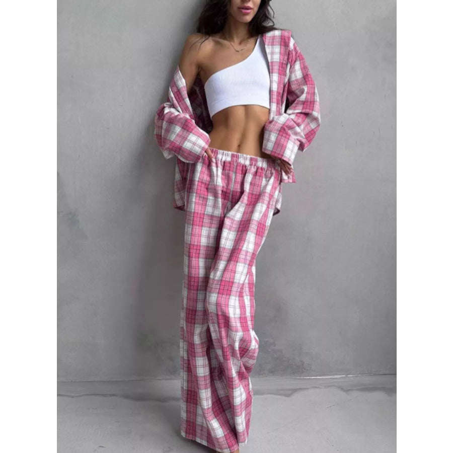 Plaid Long Sleeve Shirt and Pants Set Dusty Pink / S Apparel and Accessories