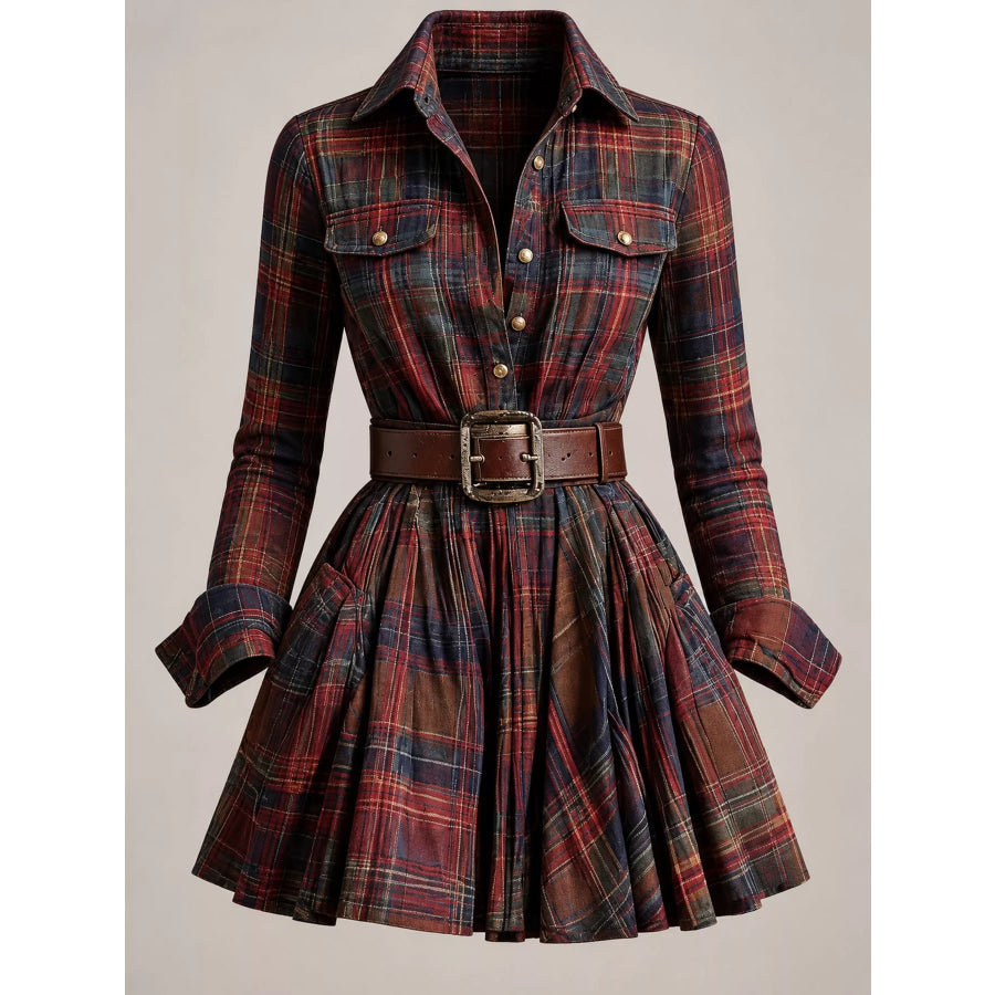 Plaid Long-Sleeve Shirt Dress Apparel and Accessories