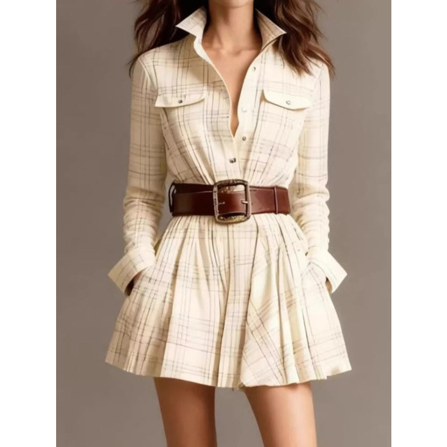 Plaid Long Sleeve Shirt Dress Beige / S Apparel and Accessories