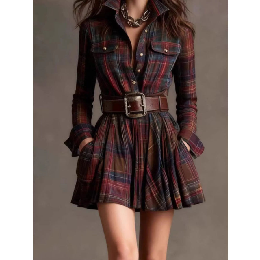 Plaid Long Sleeve Shirt Dress Burgundy / S Apparel and Accessories