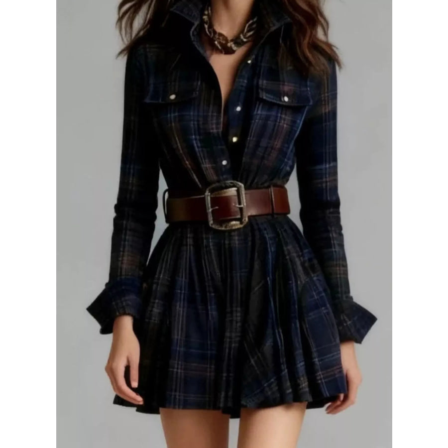 Plaid Long Sleeve Shirt Dress Dark Blue / S Apparel and Accessories