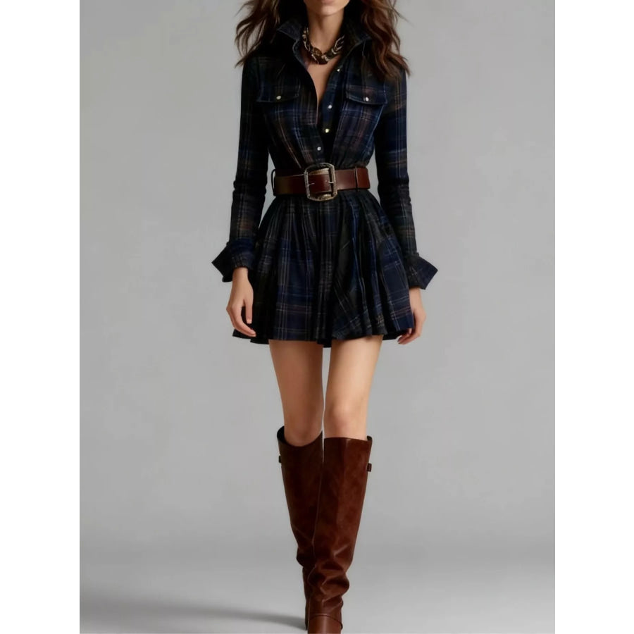 Plaid Long-Sleeve Shirt Dress Dark Blue (with Belt) / XS Apparel and Accessories
