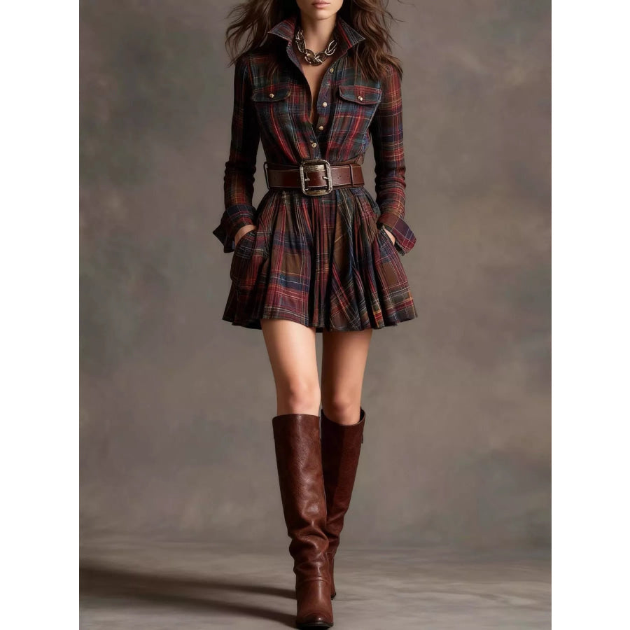 Plaid Long-Sleeve Shirt Dress Red Brown (with Belt) / XS Apparel and Accessories