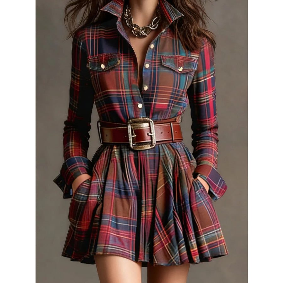 Plaid Long Sleeve Shirt Dress Plaid / S Apparel and Accessories
