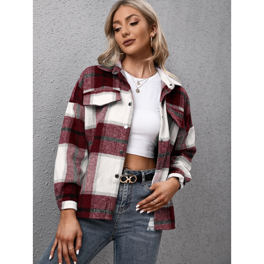 Plaid Long Sleeve Shirt Jacket Wine / S