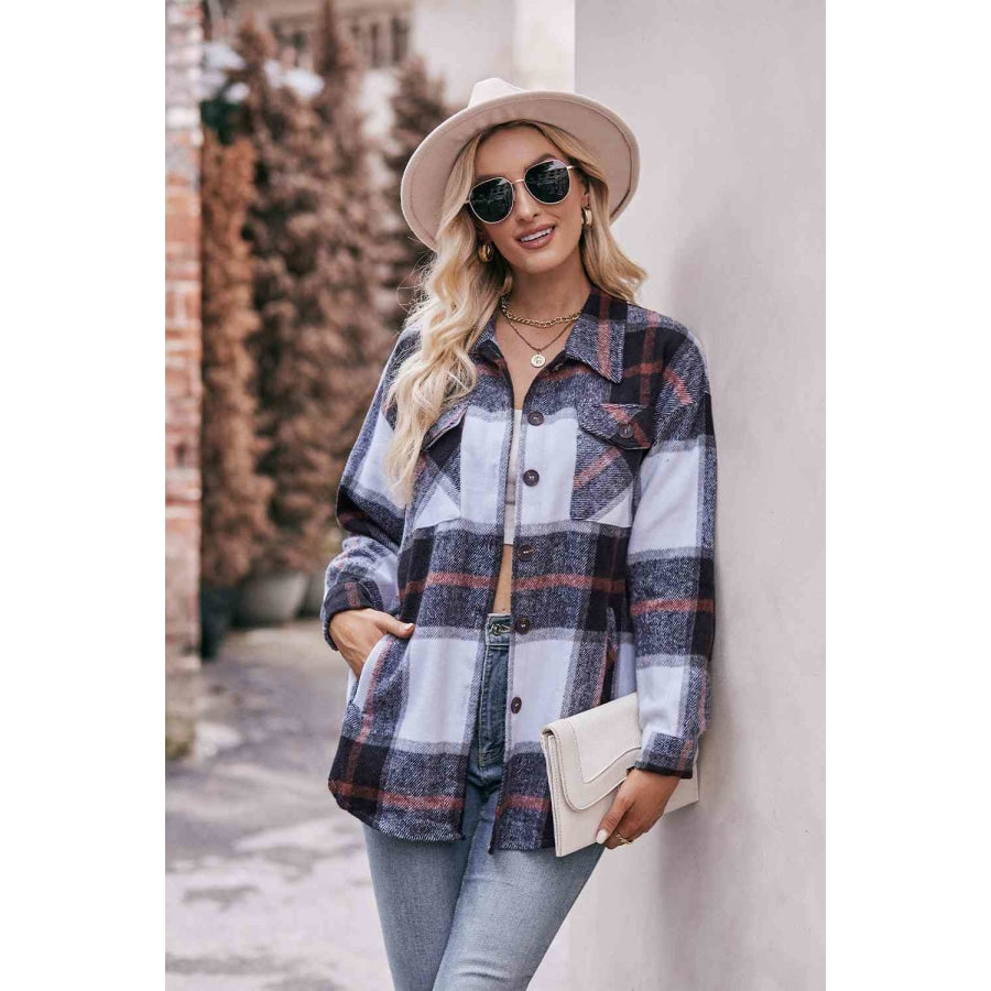 Plaid Long Sleeve Shirt Jacket with Pockets Black / S