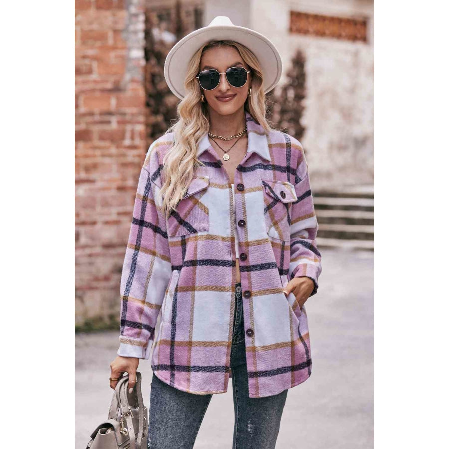 Plaid Long Sleeve Shirt Jacket with Pockets Carnation Pink / S