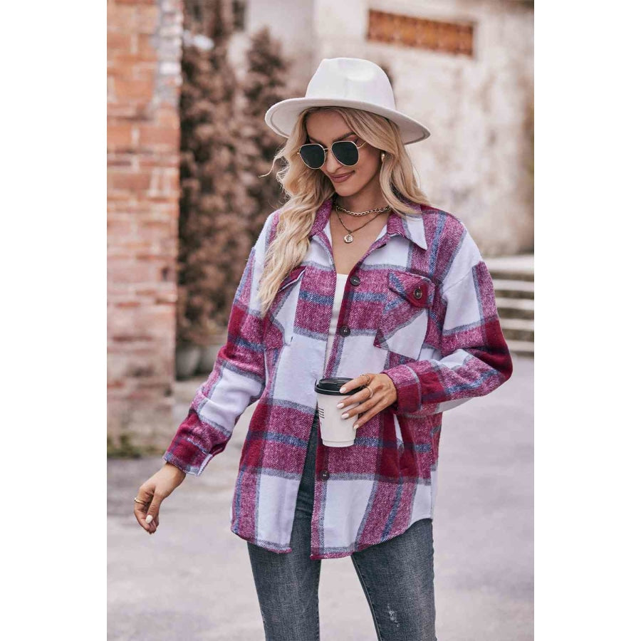 Plaid Long Sleeve Shirt Jacket with Pockets Cerise / S