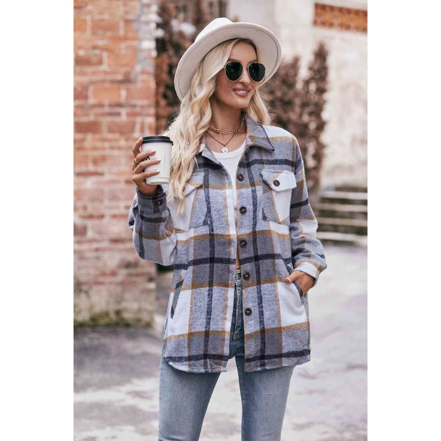 Plaid Long Sleeve Shirt Jacket with Pockets Charcoal / S